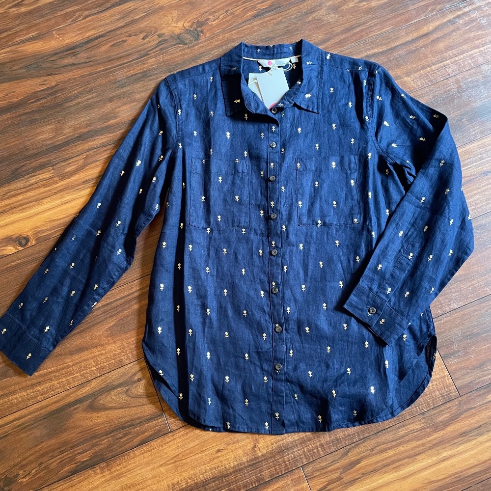 Boden 100% Linen Shirt Navy Blue/Gold Metallic Roses 2P NEW
